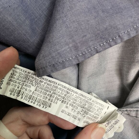 Zara Man Chambray Tailored Fit Paisley Flip Cuff Button Up Long Sleeve Med Blue - Picture 9 of 10